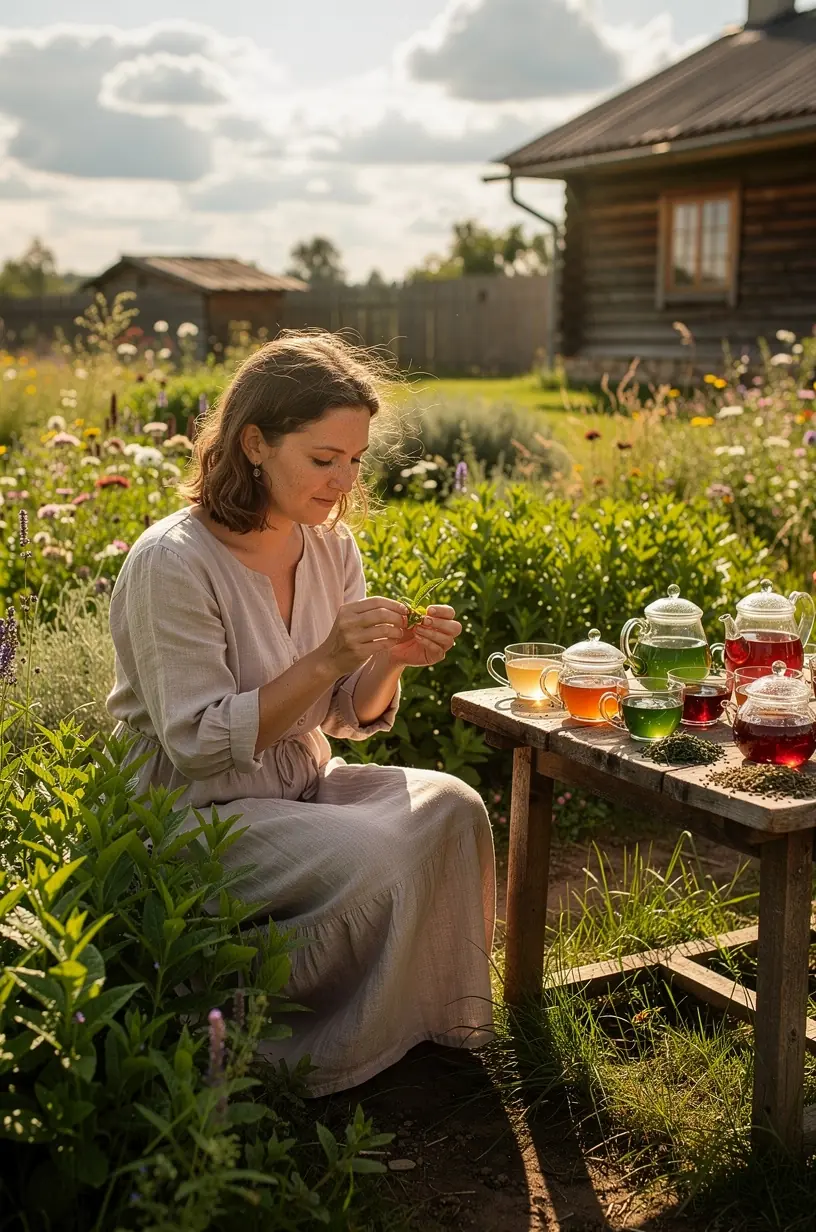 Žolelių žaliavos ir džiovinti augalai, išdėstyti ant natūralios medinės lentelės, pabrėžiantys natūralumą ir gerą savijautą.